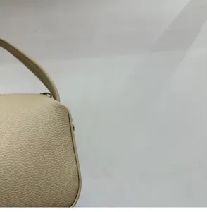 Minimalist beige lunchbox handbag detail view, textured leather daily small square crossbody bag.