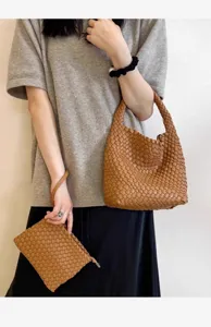Handmade woven leather shoulder bag with matching pouch, casual versatile brown handbag for women.