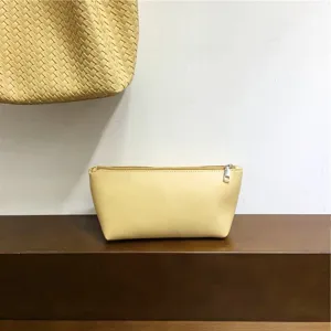 Yellow soft leather zipper cosmetic pouch minimalist makeup storage bag for daily use