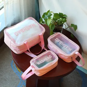 Transparante reistoilettas set, roze cosmetische organisator met handvat waterdicht.