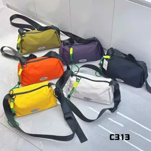 Detail view of casual nylon crossbody bag multi-color display with zipper and adjustable strap.