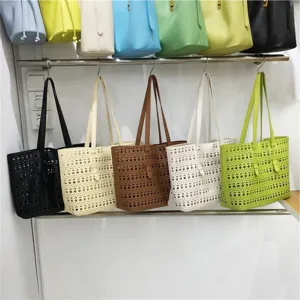 Women Large Capacity Hollow Out Tote Bag PU Leather Casual Shoulder Handbag Chic Shopper Bag