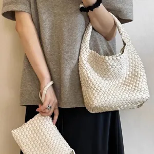 Handmade Woven Leather Hobo Bucket Bag Daily Casual Shoulder Handbag Set For Women