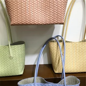 Woven leather tote bag fashion shoulder handbag casual large capacity designer style