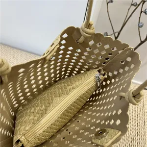 Summer fashion hollow woven bag soft leather bucket bag with inner pouch, stylish casual tote.