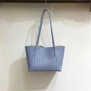 Stylish light blue woven leather tote bag, soft PU leather single shoulder handbag for daily use.