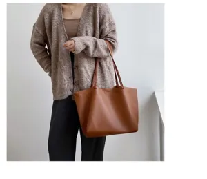 Casual soft brown leather tote bag for women, large capacity minimalist shoulder handbag.