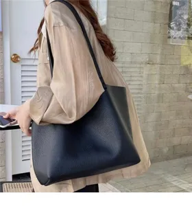 Casual black slouchy leather tote bag, minimalist large capacity shoulder underarm daily bag.