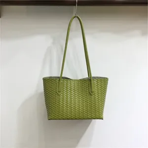 Green woven leather tote bag soft shoulder bag fashion handbag daily casual purse chic detail view