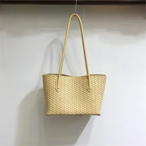 Beige Woven Leather Tote Bag Chic Shoulder Bag Casual Soft Handbag Minimalist Daily Purse.