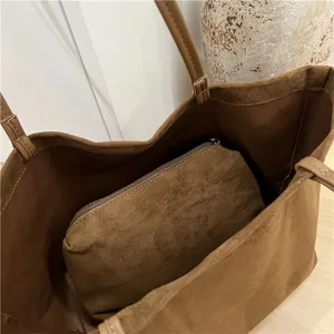 Brown suede large capacity shoulder tote bag with inner zipper pouch, premium autumn winter style.
