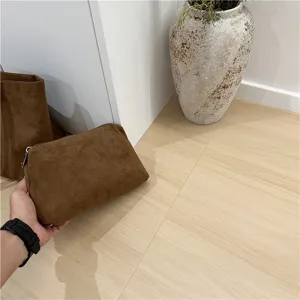 Brown suede cosmetic bag minimalist storage pouch soft makeup organizer zipper purse daily use