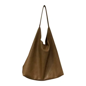 Brown soft leather slouchy shoulder bag, large capacity casual tote bag for women everyday use.