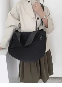 Japanese minimalist black canvas crossbody bag, large capacity shoulder tote bag for women.