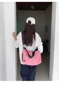 Casual pink canvas crossbody bag, large capacity Japanese style single shoulder tote for daily use.