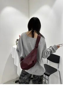 Vintage oil-wax leather shoulder crossbody bag, soft dumpling bag with wide strap for women.