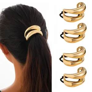 Gold metal hair tie cuff ponytail holder elegant geometric hair accessories set for women.