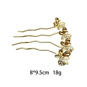 Gold butterfly hair comb detail, amber rhinestone side comb, elegant hair accessory.