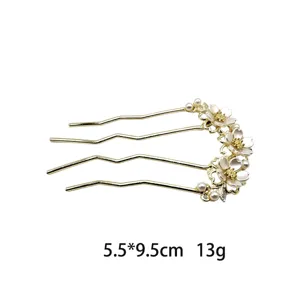 New Chinese style floral hair comb with enamel cherry blossoms, pearls and golden stamens.