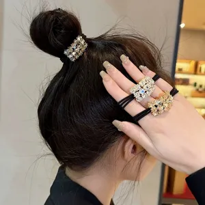 Crystal Rhinestone Hair Ties High Elasticity Black Rubber Bands Ponytail Holder Chic