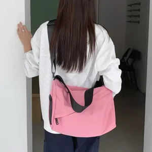 Casual pink oxford cloth crossbody bag, large capacity daily shoulder tote for women.