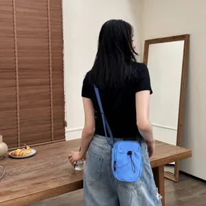 Japanese minimalist blue nylon mini crossbody phone bag, casual daily shoulder bag.
