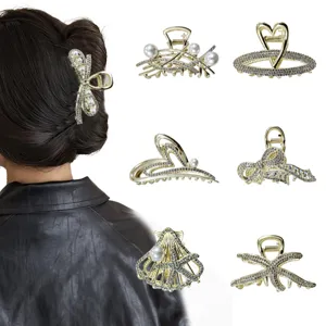 Large Rhinestone Shark Hair Claw Clip With Artificial Pearls Hollow Heart Flower Star Metal Hair Clip For Women Elegant Party Hair Accessories