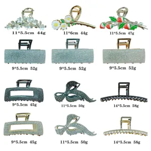 Detailed view of various rhinestone metal hair claws, floral and bow designs with pearl accents.