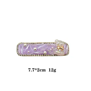 Sweet full rhinestone BB hair clip with cute pearl bear, purple crystal, 7.7x2cm daily accessory