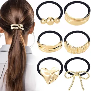 Gold metallic hair ties set, stylish ponytail holder elastic bands for women and daily hair styling.