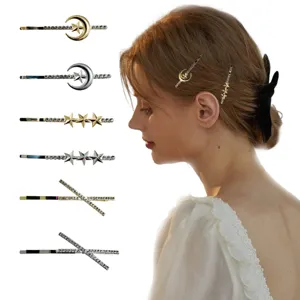 Elegant rhinestone hair clips set featuring moon and star designs for women styling.