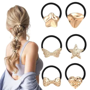Gold metallic hair ties set with stylish geometric shapes for elegant ponytails and buns.