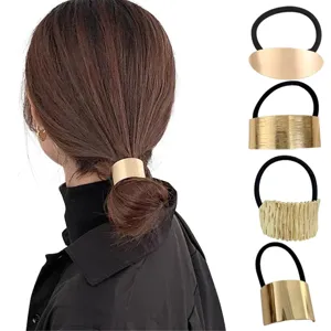 Gold metal hair cuff ponytail holder detail and multi-style elastic hair ties close-up view.