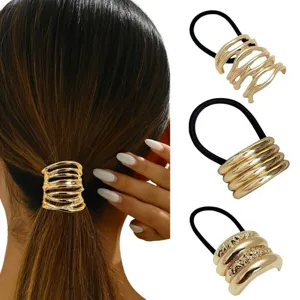 Gold metal hair tie ponytail holder geometric hair ring elastic hair band fashion accessories