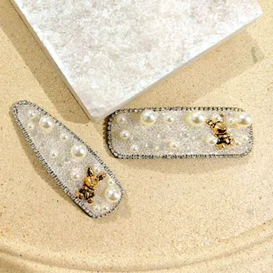 Elegant rhinestone pearl hair clips set featuring sweet bear charms for daily women.