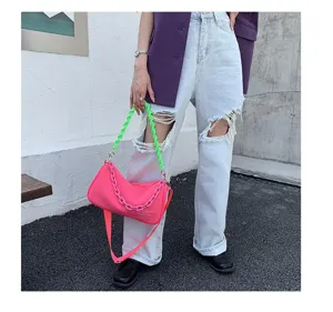 Stylish canvas shoulder bag with neon chain strap, chic underarm bag for daily commuting.