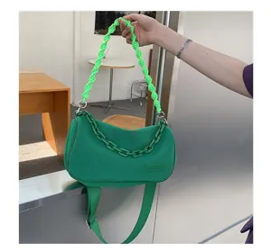 Green canvas underarm bag with woven strap, stylish chunky chain detail and casual daily wear.