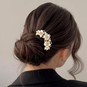 New Chinese style floral hair accessory for back hair bun, elegant pearl rhinestone hair pin.
