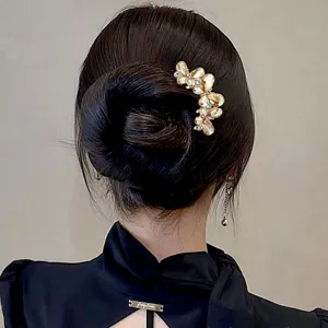 New Chinese Style Flower Hair Pin Rhinestone Bun Hair Clip Elegant Ancient Hair Accessory
