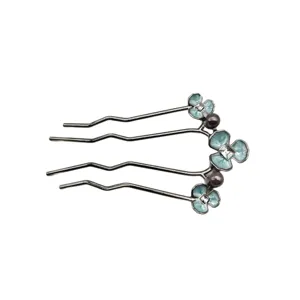 Vintage Chinese style hair fork with blue enamel flowers and pearls for elegant buns.