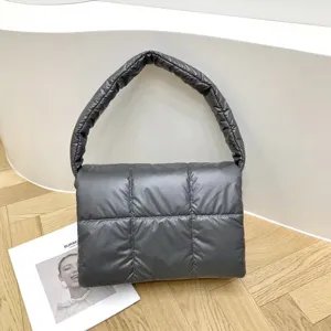 Puffer shoulder bag for women quilted underarm bag stylish down cloth hobo bag grey