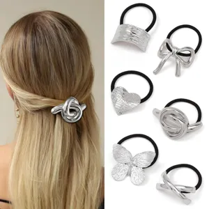 Silbernes Metall Haargummis Set, geometrische abstrakte Schleife Schmetterling Haarschmuck Damen.