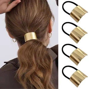 Gold metal ponytail holder elastic hair tie set, stylish metallic hair cuff for women.
