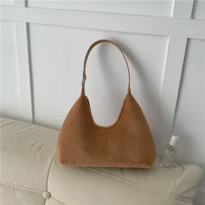 Brown fuzzy hobo crescent shoulder bag, soft plush handbag detail view for women.