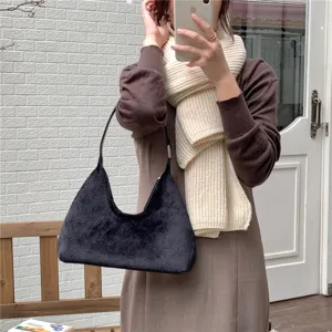 Trendy black plush underarm bag for women, soft furry crescent shoulder bag autumn winter