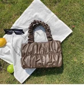 Dark brown pleated cloud handbag soft faux leather retro tote bag casual women's shoulder bag