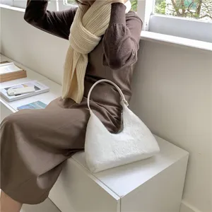 Korean style fuzzy plush underarm hobo bag for women autumn winter fluffy crescent handbag