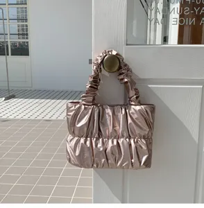 Stylish metallic pleated handbag soft cloud purse fashionable tote bag for women