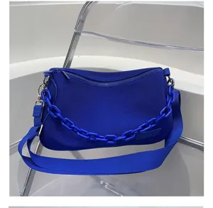 Blue knit underarm shoulder bag detail, stylish casual daily handbag with chunky chain.