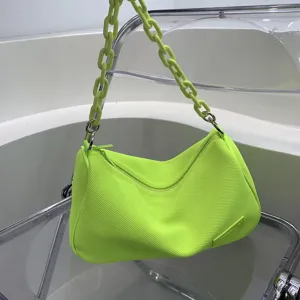 Neon green underarm shoulder bag for women, trendy canvas hobo bag with chunky chain strap.